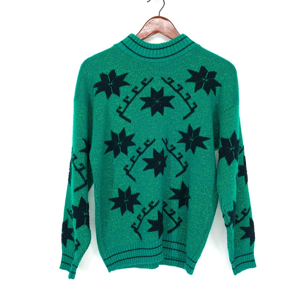 Vintage Kate Collins Emerald Green Metallic & Black Poinsettia Mock Neck Sweater